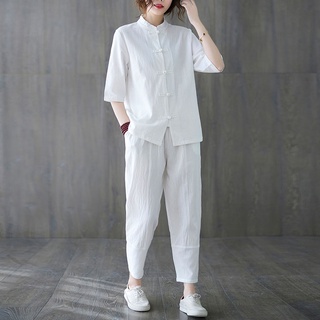【4色可選】2025春夏中國風復古中式唐裝盤扣上衣棉麻禪意茶藝服禪修居士服套裝女%優質