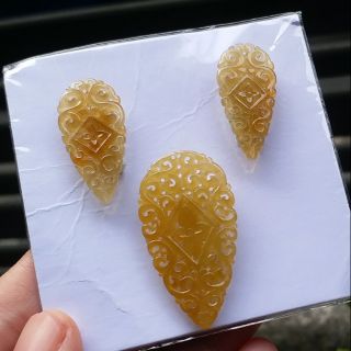 嗨，寶貝銀飾珠寶* 緬甸玉A貨 翡翠飾品☆保證A貨 古典圖騰鏤空雕花 花片 蜜糖黃 黃翡翡翠配件 吊墜 耳環 套組