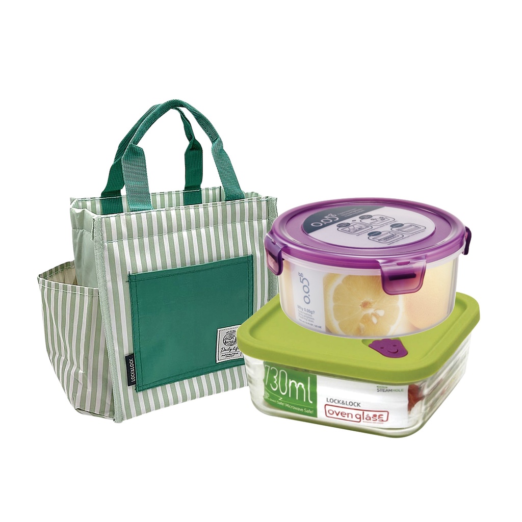 樂扣樂扣玻璃(730ml)+PP保鮮盒(750ml)+薄荷綠餐袋組