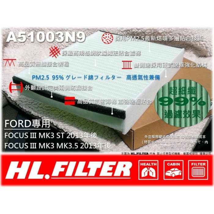 【HL】FORD 福特 FOCUS III MK3 3.5原廠型 超細纖 冷氣濾網 空調濾網 空氣濾網 非 活性碳 3M