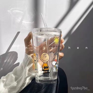 吸管玻璃杯 可愛 史努比 卡通 查理 玻璃杯 牛奶杯 果汁 耐熱 耐高溫 刻度 水杯 少女心 雜貨舖 PApG
