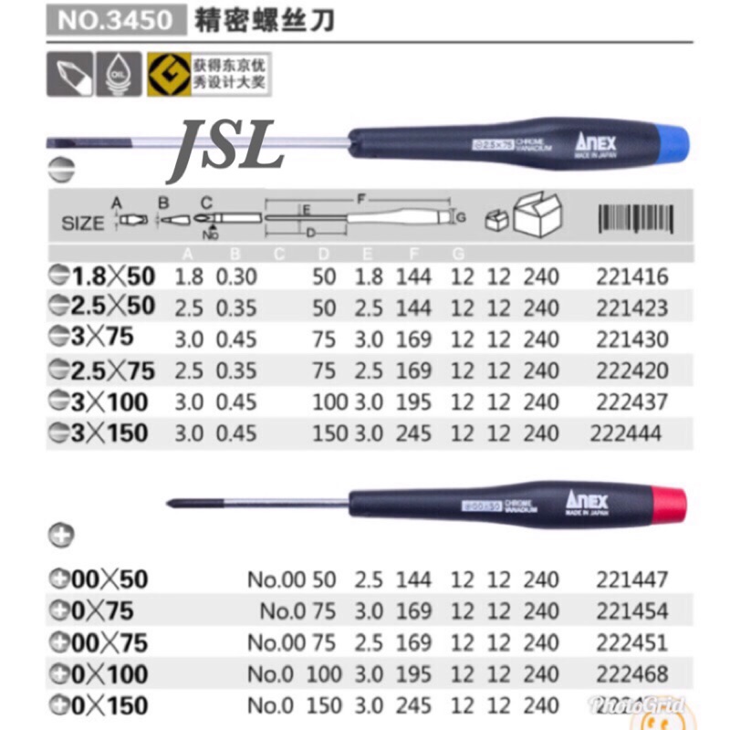 {JSL} 日本製 ANEX 安耐適 3450系列 十字起子 ㄧ字起子 精密螺絲起子