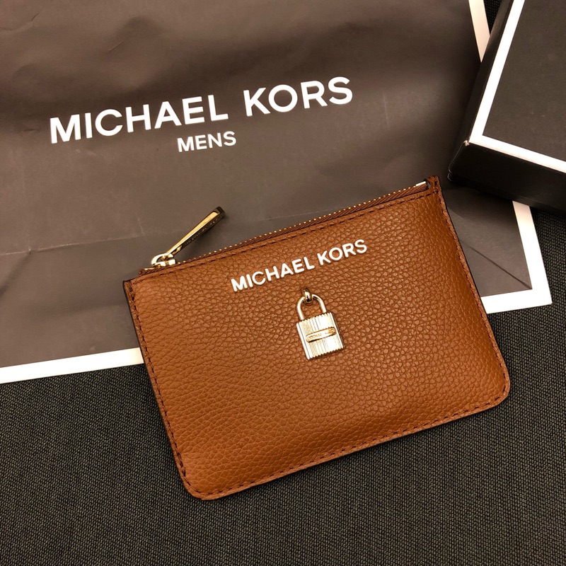 MK 真皮金鎖拉鍊鑰匙零錢包 經典棕 新款 鑰匙包 零錢包 手拿包 MICHAEL KORS 現貨 美國代購