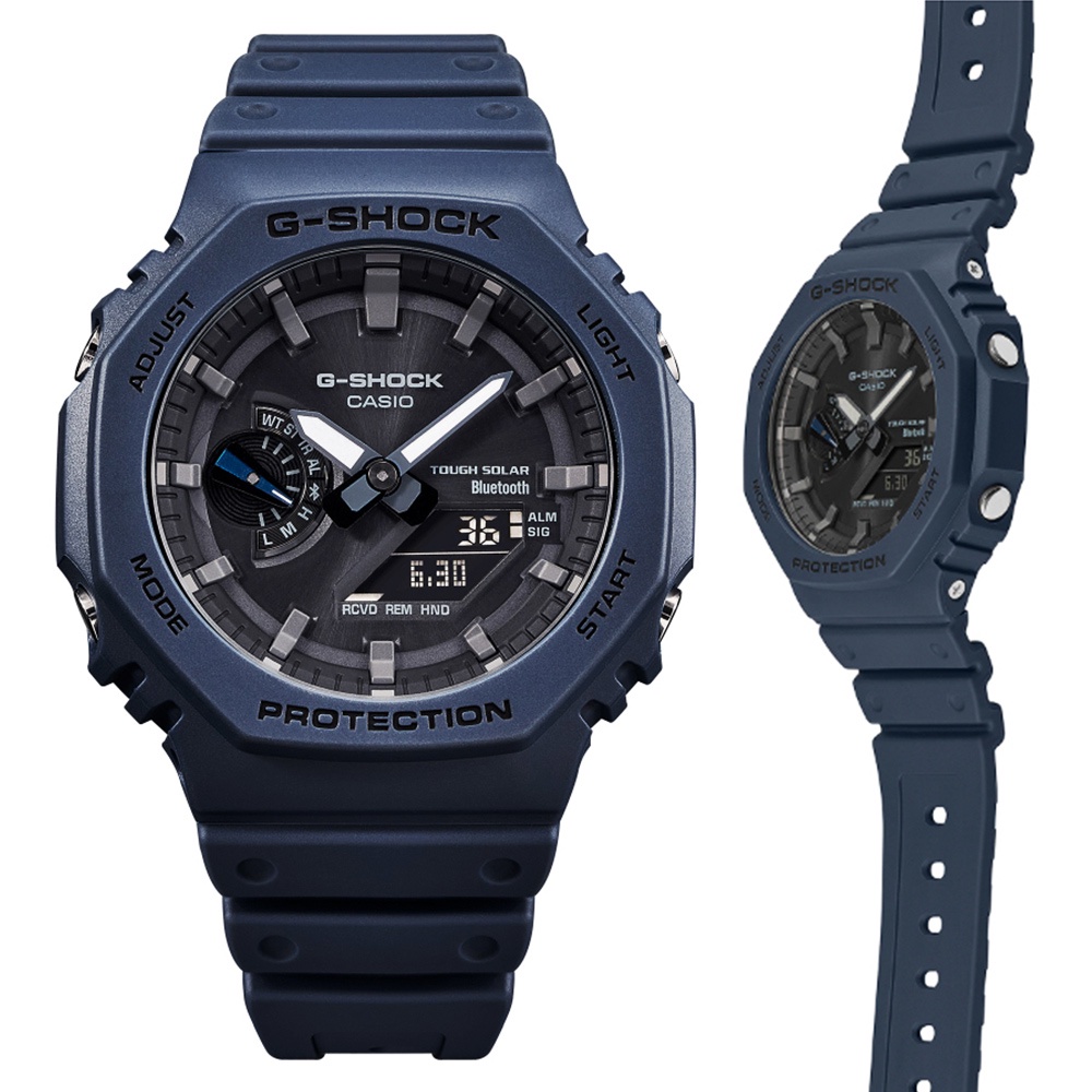 【CASIO 卡西歐】G-SHOCK 太陽能智慧藍芽八角雙顯錶-藍(GA-B2100-2A )