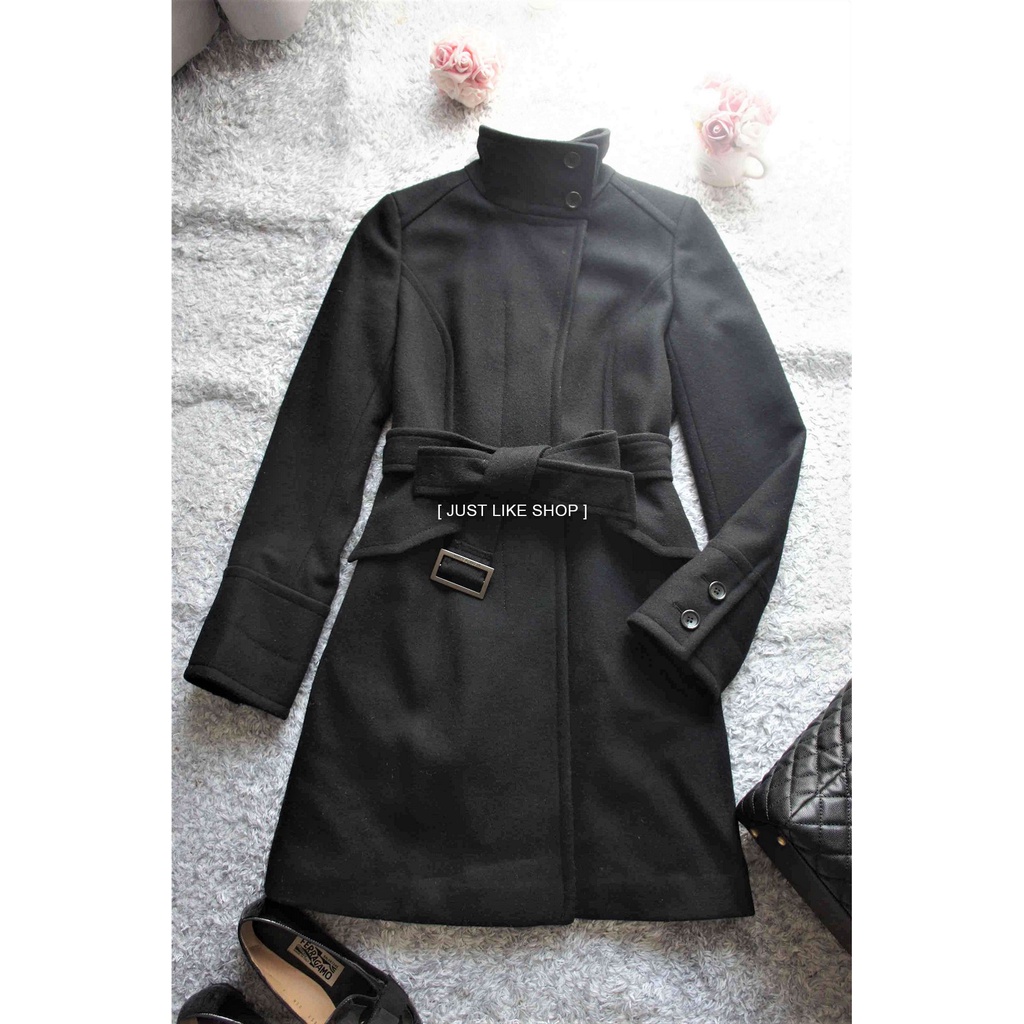 [ JUST LIKE ] 日本製 Michel Klein 喀什米爾+93%羊毛 超修身顯瘦綁帶立領黑色大衣 MK
