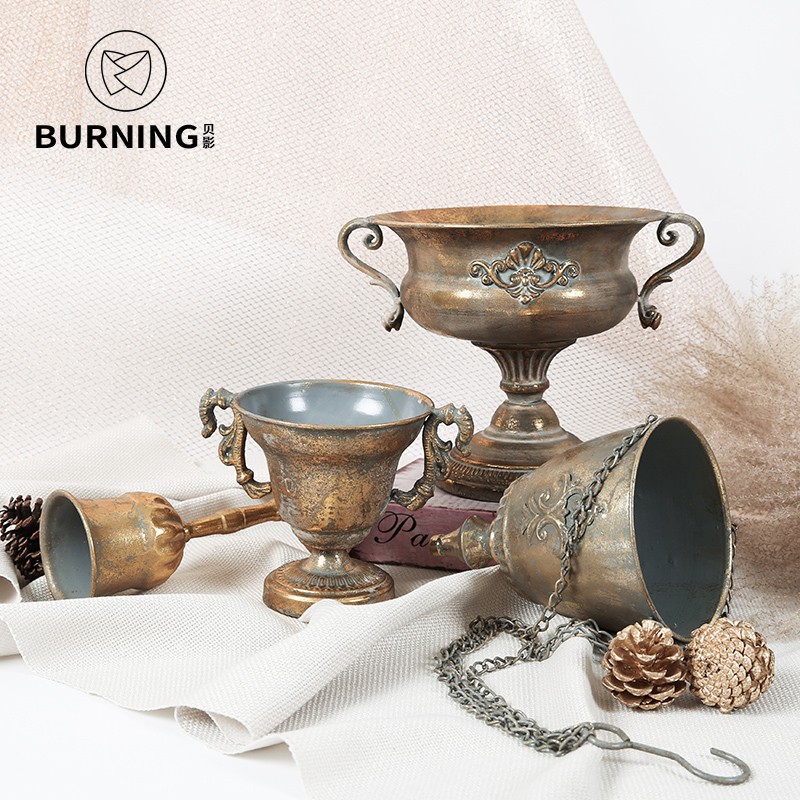 熱銷推薦 歐式復古金色花器燭臺金屬花盆桌花攝影道具古典花藝盆器 蝦皮購物