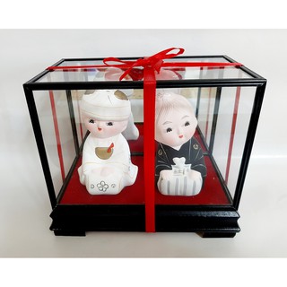 精緻日本和風陶瓷手繪娃娃擺飾 日本結婚和服夫妻陶瓷手繪娃娃擺飾 附玻璃罩防塵 古物收藏 老件收藏