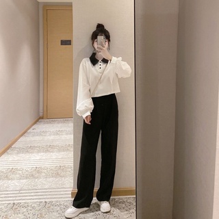 SLEEP-春秋季套裝女學生韓版polo衛衣外套女闊腿褲時尚兩件套