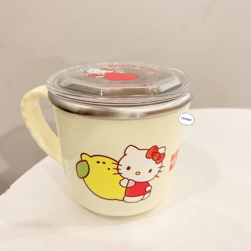 #CHUBBY#出清/韓國製2021Hello Kitty凱蒂貓/安全防滑附蓋水杯/牛奶檸檬圖案/女寶/女孩/210ml
