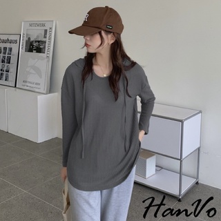 【HanVo】小格織紋薄針織連帽上衣 韓系休閒百搭連帽針織上衣 韓國韓系女裝 女生衣著 A02-1681