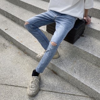 【PAGANS STORE】韓版 不收邊 雙膝 刀割 不修邊 破壞 破褲 九分 長褲 九分褲 牛仔褲