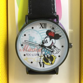 正版！ Mickey Mouse 迪士尼 米妮 薄型輕量酷黑錶款 皮帶 款式 防偽雷射貼紙