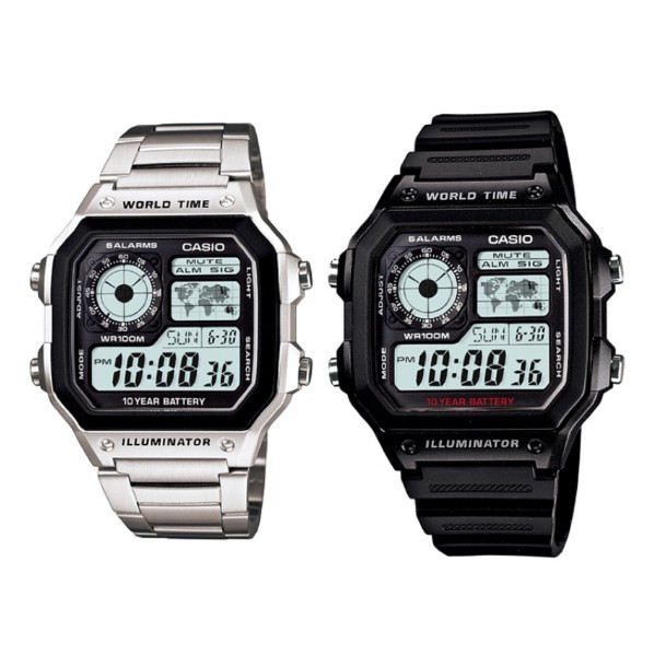 帝安諾-CASIO AE-1200WHD/WH (銀/黑) 十年電力錶款 復古 潮流 不鏽鋼錶帶