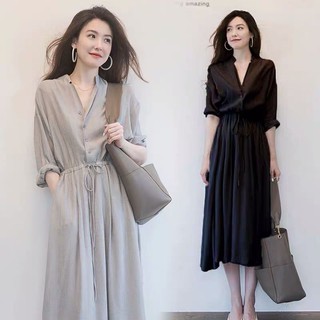 M-4XL現貨 大尺碼洋裝 寬鬆五分袖 長版 V領綁帶 素色顯瘦氣質 長洋裝 正韓洋裝 女生衣著 黑色洋裝