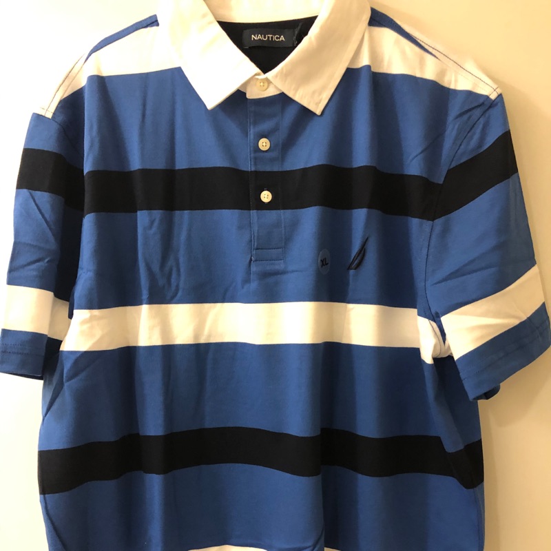 《全新正品》Nautica藍白條紋Polo T恤短袖休閒衫～XL號