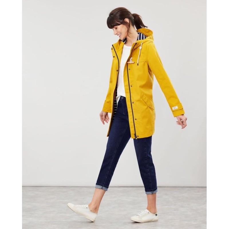 Miolla 英國品牌Joules 黃色藍白條紋內裡木扣款防風防水拉鏈帶帽外套（中長款）