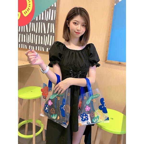 🧡現貨🧡28*28*10 藍色 泫雅 透明 花朵 塑膠手提袋  PE塑膠袋 手提袋 購物袋 包裝材料 童裝袋 女裝袋