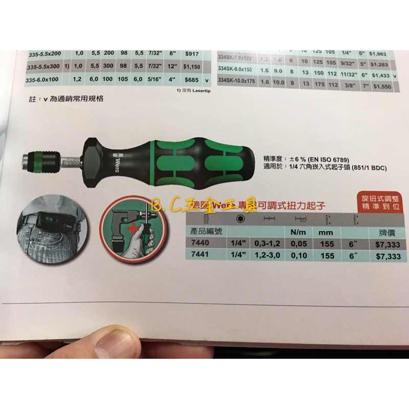 (LEO五金工具)德國Wera 7441 可調式扭力起子  可接六角起子頭  刻度1.2-3.0NM 長度:6"