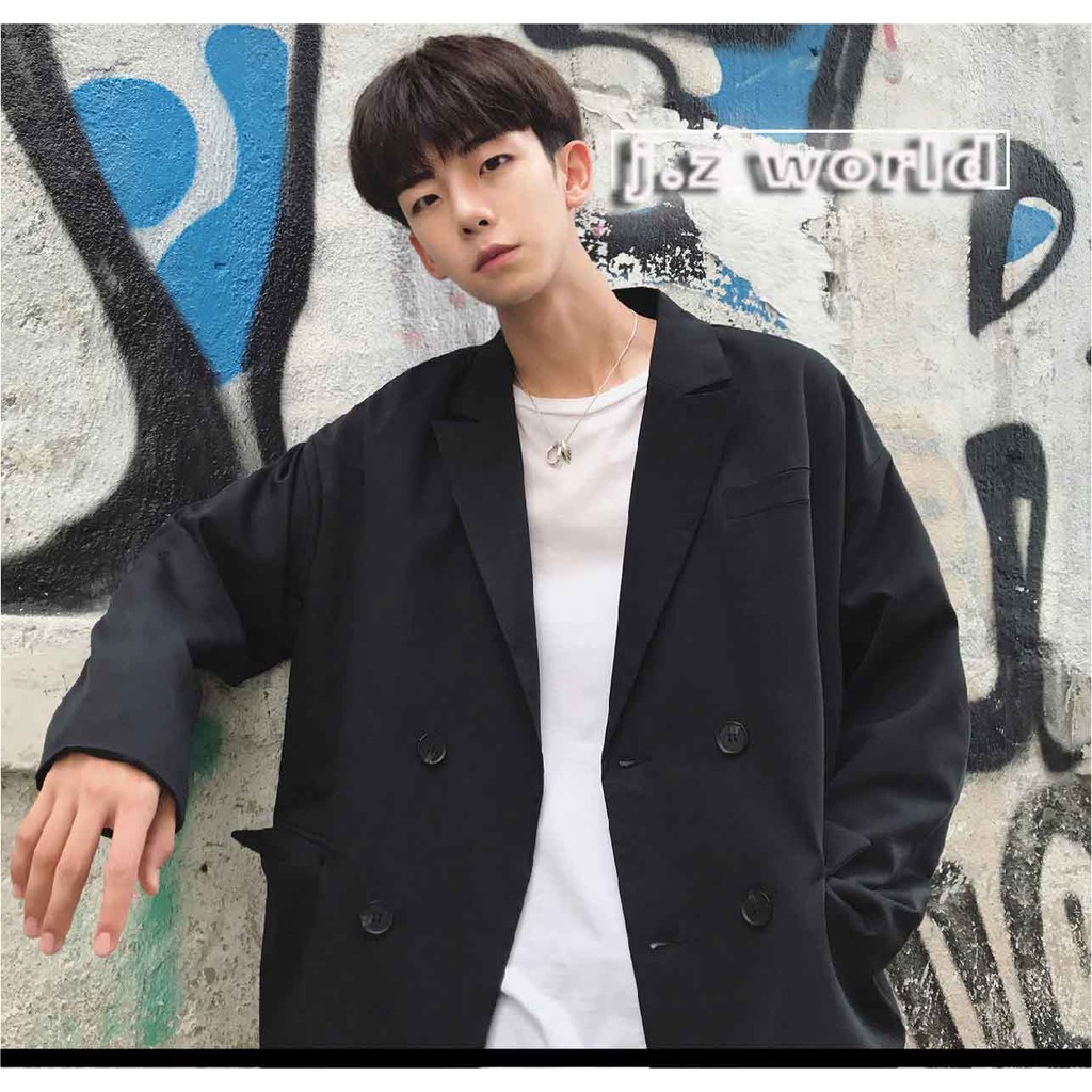 J Z World 小版男裝 預購韓系歐巴極簡素面雙排扣西裝外套寬鬆落肩休閒西裝夾克輕便 蝦皮購物