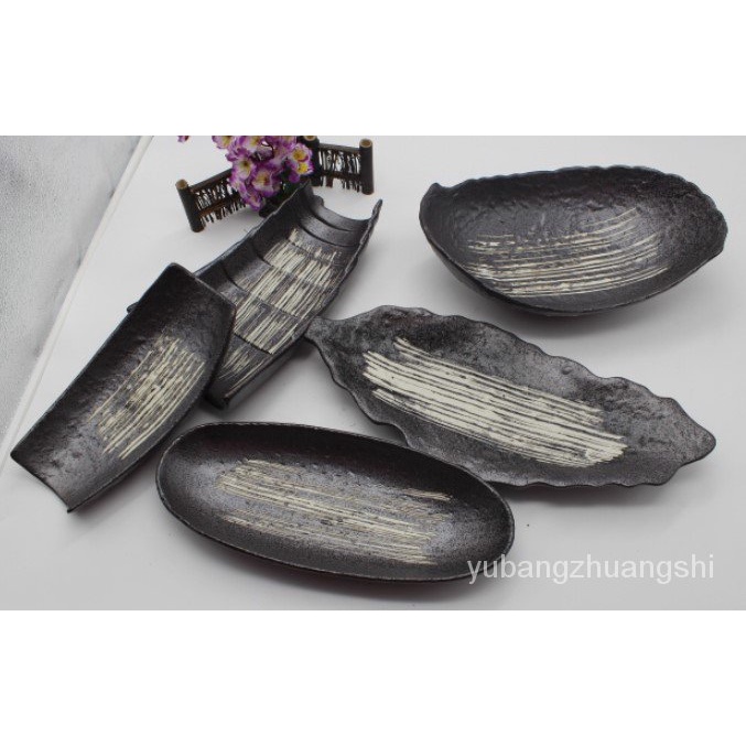 日式壽司盤點心碟特色黑色陶瓷竹筍樹葉大碟船形碗日韓料理餐具