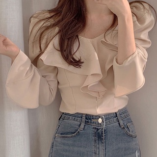韓版荷葉邊長袖襯衫 126245 甜美時尚氣質洋氣小衫 方領上衣