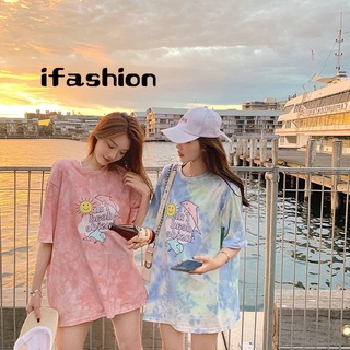 ifashion』短袖t恤女 原宿風 學院風 ins 風 寬松 扎染 印花t恤 閨蜜裝 oversize 打底上衣