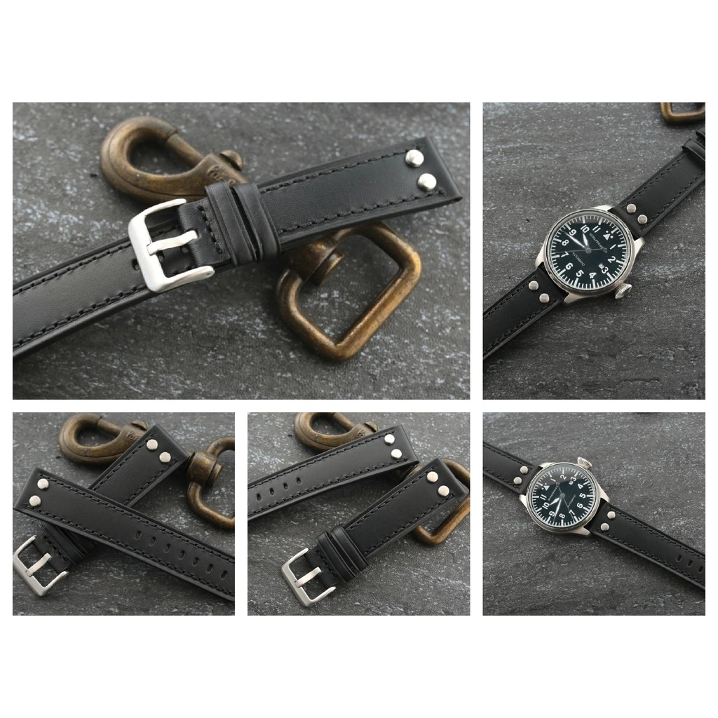 22mm~iwc的新衣, 義大利皮料～PILOT 飛行軍錶風格鉚釘 ~黑色真皮錶帶 黑色縫線