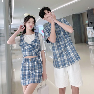 【COUPLE】❤2022夏季情侶裝❤純色短袖藍色格子修身顯瘦氣質半身裙套裝男襯衫