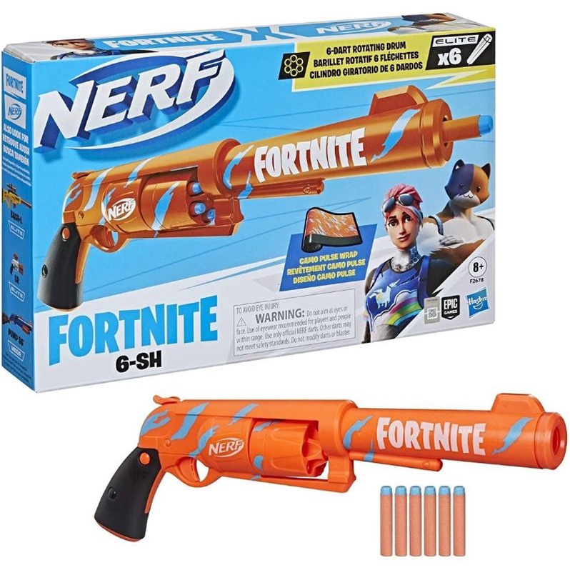 神盾橘，NERF Fortnite 6-SH 左輪發射器，迷彩脈衝、擊槌上膛動作，六發轉轉輪全新盒裝