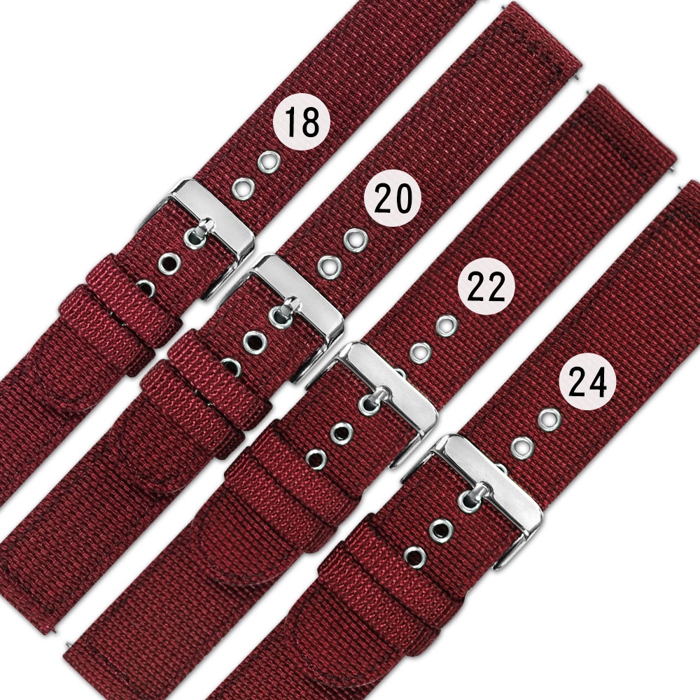 Watchband / 18.20.22.24 mm / 各品牌通用 快拆 尼龍帆布錶帶 酒紅色＃804-32-RD-S