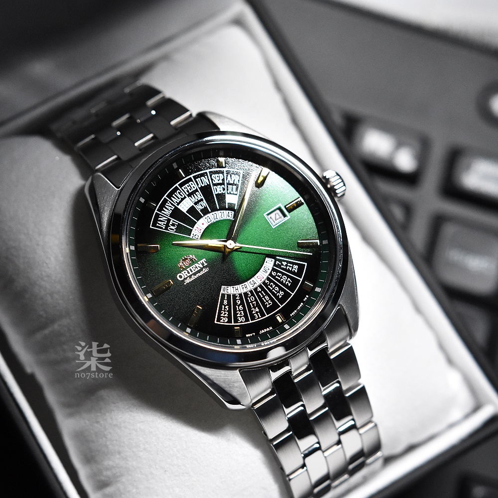 【柒號本舖】ORIENT 東方錶萬年曆機械鋼帶錶-綠 / RA-BA0002E ( 原廠公司貨)
