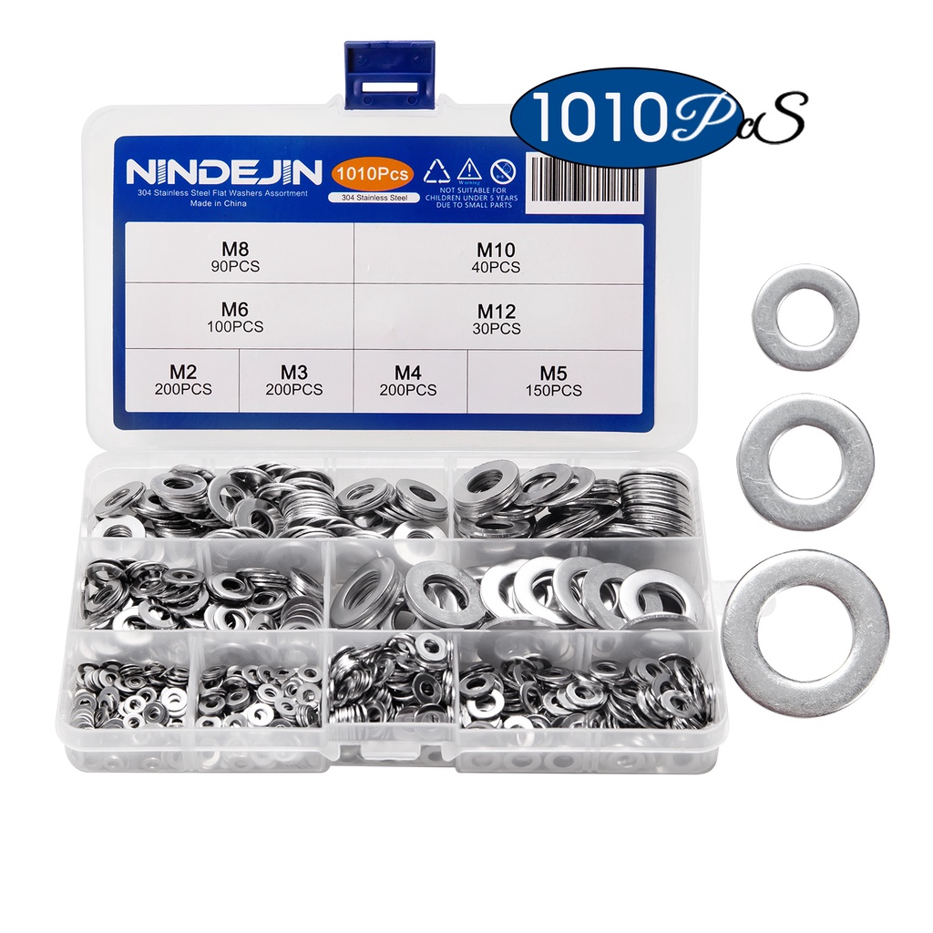 NINDEJIN 1010個 盒裝304不鏽鋼平墊片平墊圈多規格超薄螺絲墊片金屬圓形環型平墊片介子 M2-M12