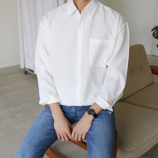 韓國寬鬆版雪紡前口袋長袖襯衫