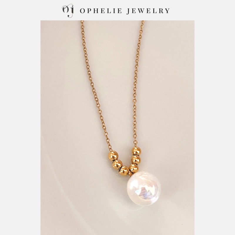 現貨  OPHELIE/歐霏莉 淡水鏡珍珠+六顆小金珠高級感小衆氣質鍍古銅金項鍊 不鏽鋼項鍊 OP070