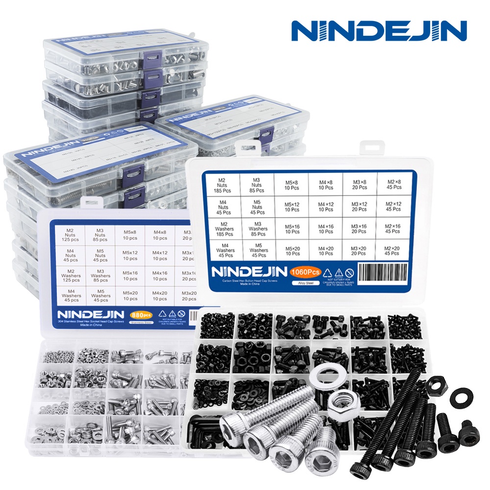 Nindejin 2 套內六角螺絲套件 1060pcs + 880pcs 合金鋼不銹鋼內六角螺絲組 M2 M3 M4 M