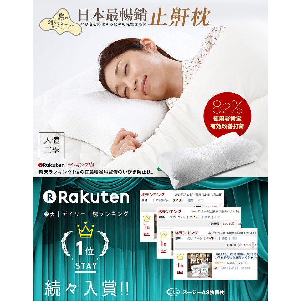 日本正版現貨免運樂天銷售冠軍su Zi As快眠枕第一代最強止鼾枕透氣吸濕排汗人體工學舒眠安眠枕頭