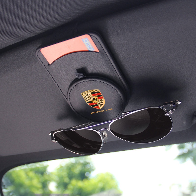 現貨 Porsche保時捷頭層牛皮車載眼鏡夾 汽車用太陽鏡墨鏡盒支架車內汽車遮陽板卡片Cayenne/panamera