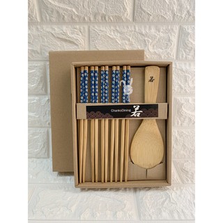 木質筷5組+飯匙 日式和風 天然材質 筷子 飯勺禮盒 全新附盒子 天然的最好