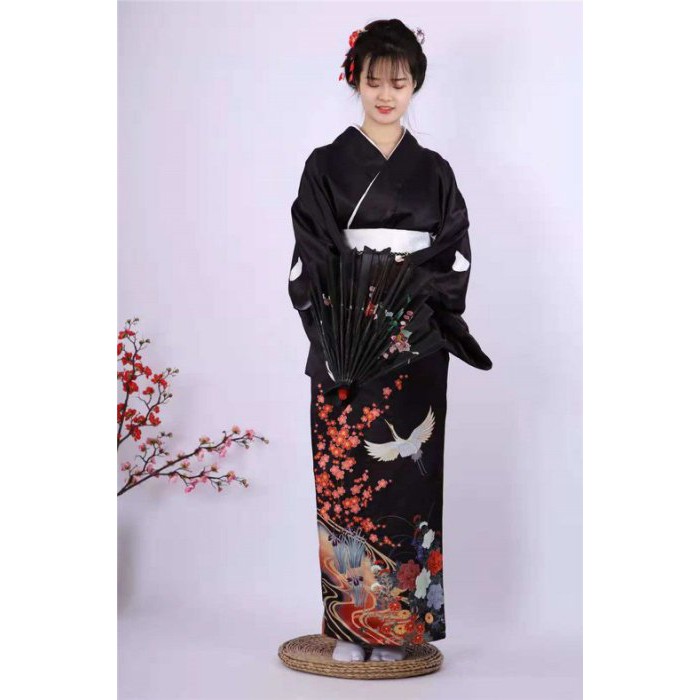 日本傳統女士正規和服黑留袖和服定位仙鶴柄和服套裝 秋冬款 蝦皮購物