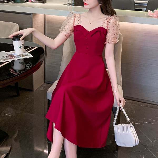 胖胖美依 洋裝 伴娘裙 禮服  顯瘦 S-XL新款法式平時可穿訂婚連身裙小個子顯瘦回門紅色禮服裙G647-6666.