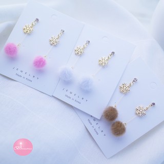 韓國雪花毛球耳環 夾式 針式 耳環 垂墜耳環 臺灣現貨 【Bonjouracc】