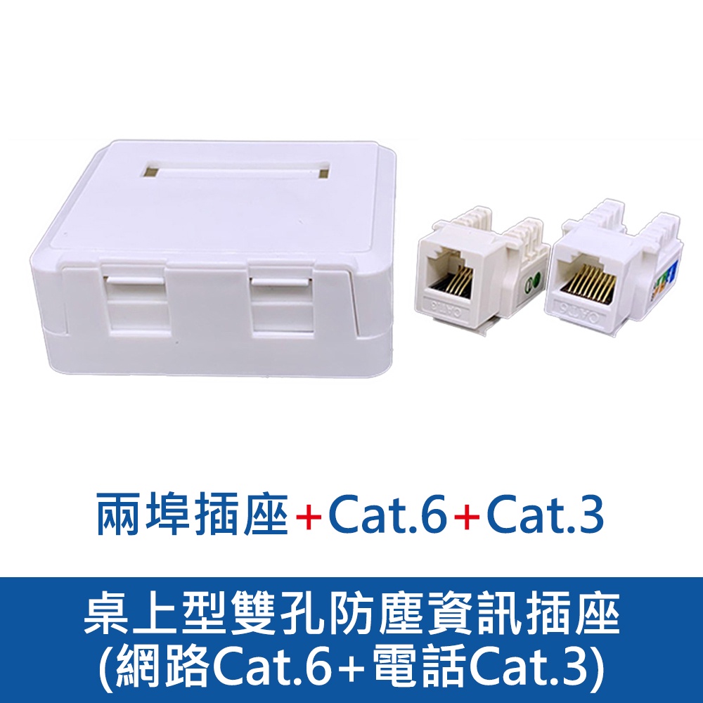桌上型雙孔防塵資訊插座-網路Cat.6+電話Cat.3