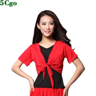 5Cgo促銷含稅拉丁舞蹈廣場服上衣短袖兩件套背心上衣+開衫綁帶上衣舞蹈服牛奶絲t35136806737