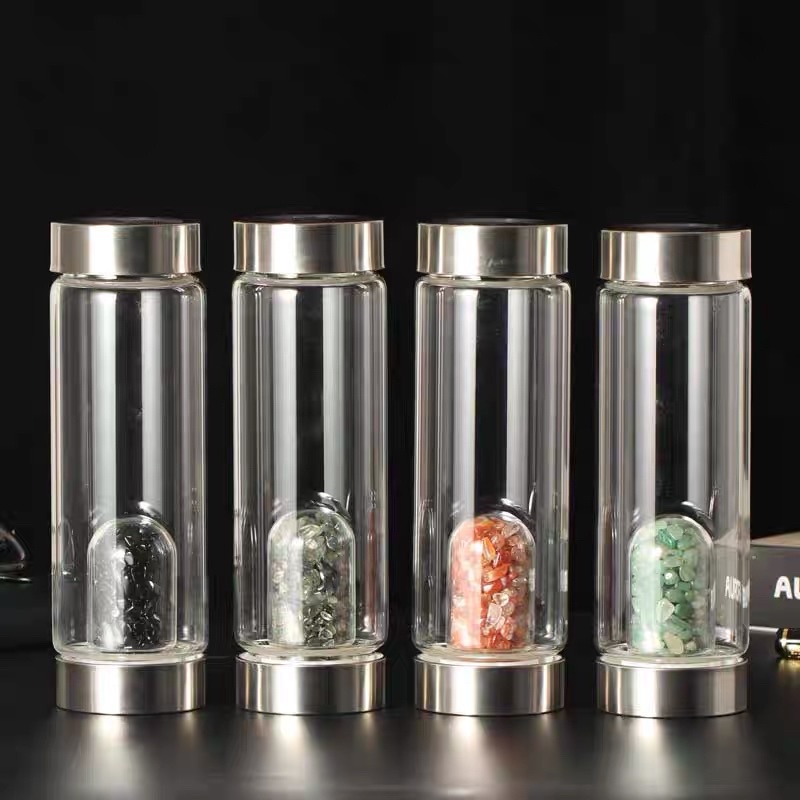 全新現貨玻璃水晶能量杯水瓶玻璃瓶 附杯套 無水晶 空瓶