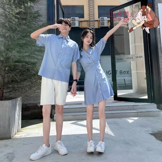 【COUPLE】情侶裝🔥🔥夏裝新款潮流收腰氣質短袖連衣裙子男短袖寬鬆襯衫