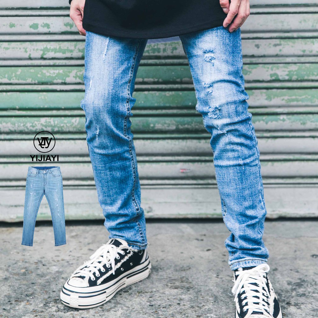【YIJIAYI】丹寧牛仔 水洗藍 破褲設計 刷痕造型 窄管版型 牛仔長褲【X廠】(X-G62)