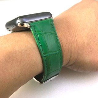 Apple Watch 牛皮 竹節紋 正面真皮+背面PU 蘋果 錶帶 綠色 不鏽鋼針釦 38 40 42 44