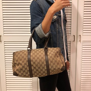 GUCCI 手提包 肩揹包 旅行袋 緹花布 經典 LOGO 咖啡色 正品