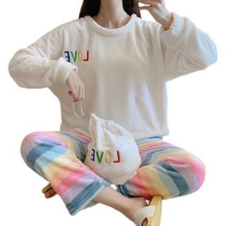 冬季女生保暖睡衣大尺碼 加厚法蘭絨珊瑚絨家居服套裝 甜美可愛可外穿居家服 純色長袖彩虹條紋長褲 免運