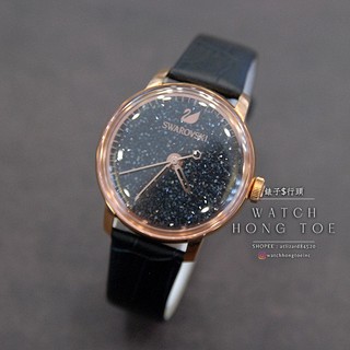 []錶子$行頭[] SWAROVSKI 施華洛世奇 奢華璀璨面盤氣質腕錶-皮帶/黑麵玫瑰金 (5295377)